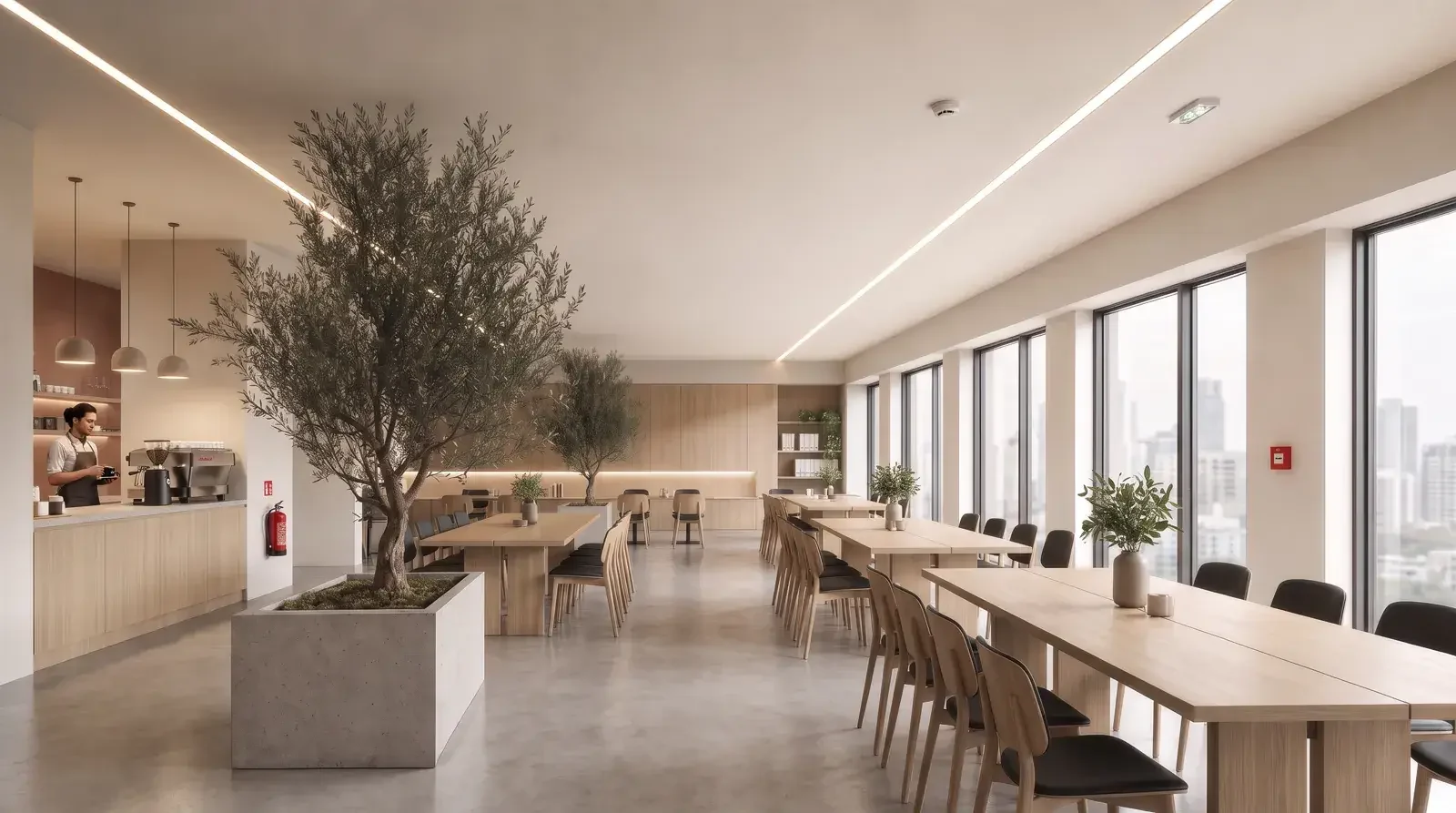Clyde UK-made recessed trimless linear lighting in a cafeteria