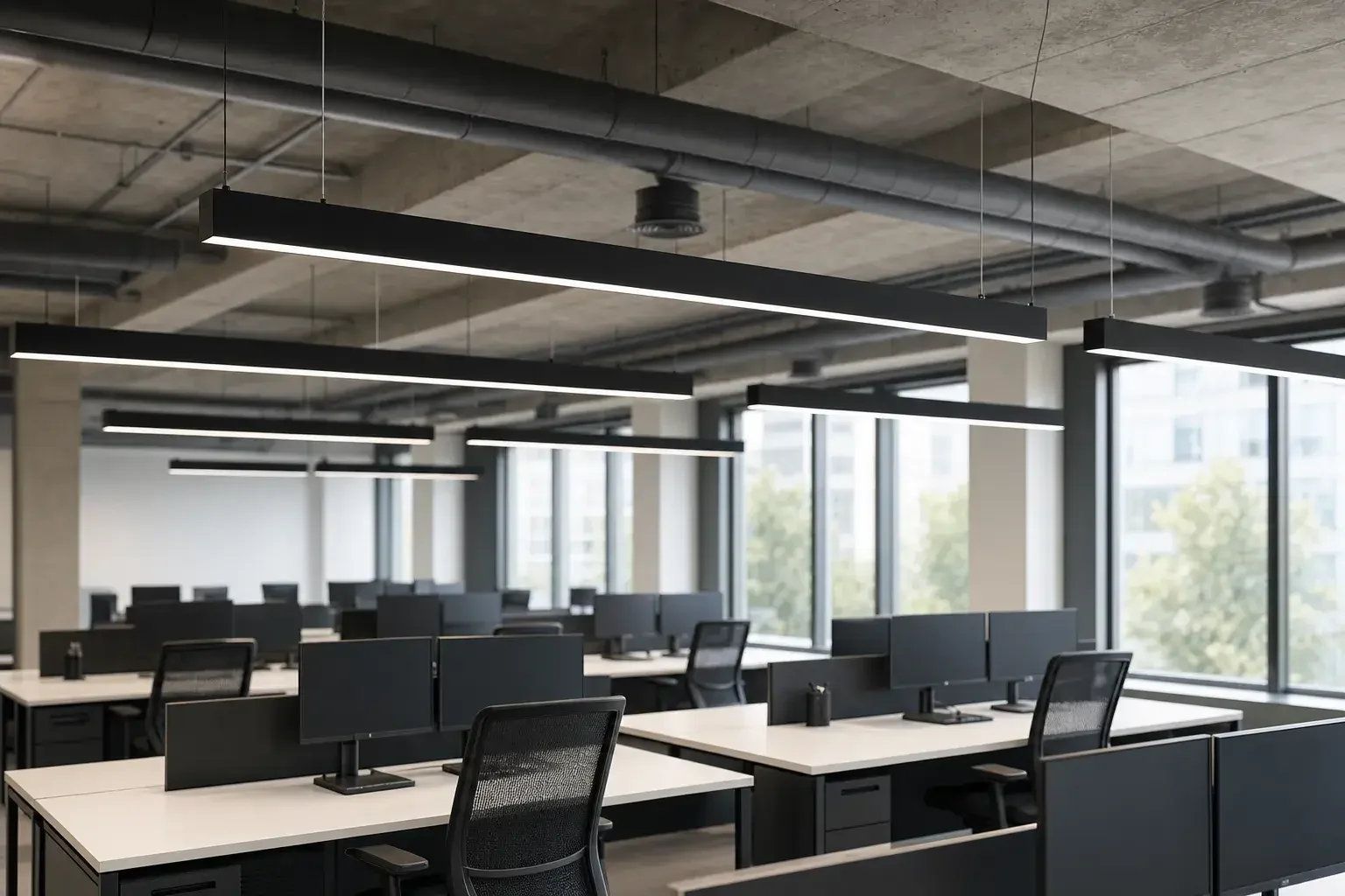 Continuous suspended linear runs made to measure in an office