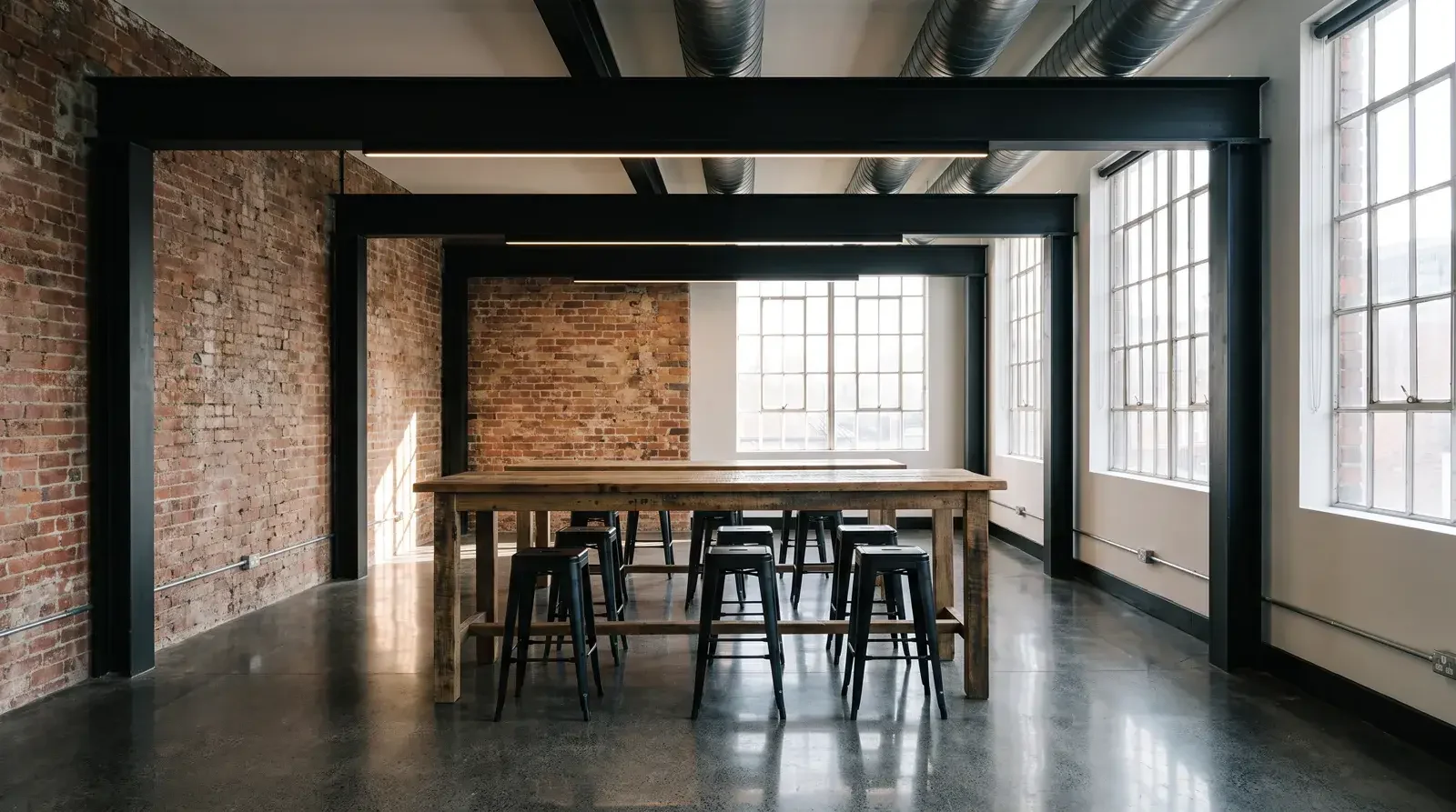 Rio surface-mounted linear LED lighting on an exposed industrial ceiling