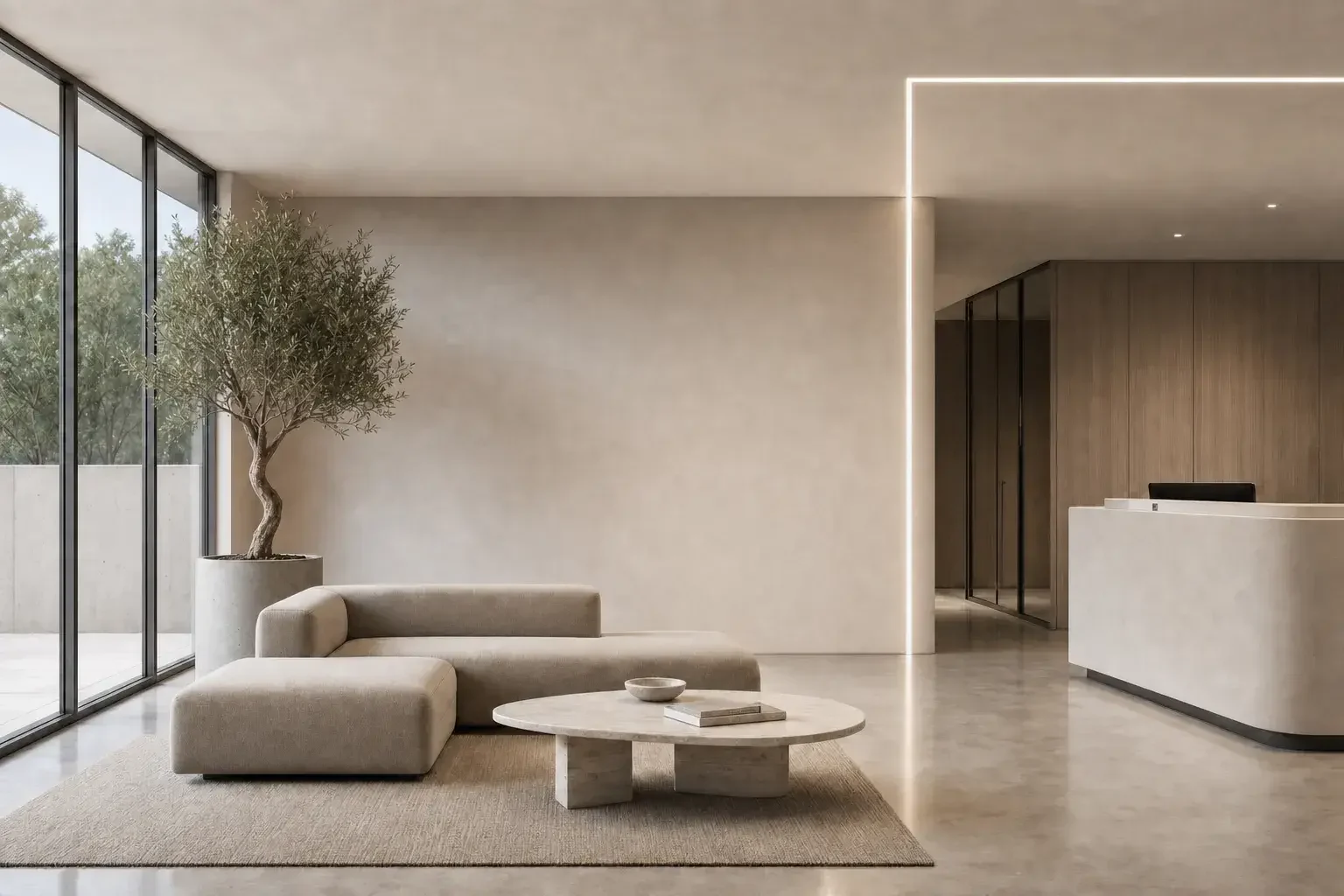 Recessed trimless linear lighting with corners in a reception
